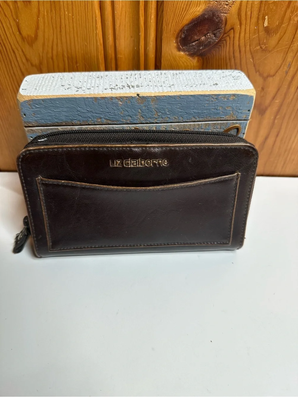 Liz Claiborne Dark Brown Leather Zip Wallet with Front Slip Pocket